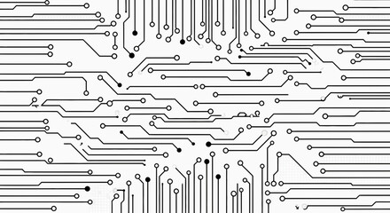 An intricate black and white abstract pattern of electronic circuit board traces and connection 