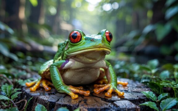 Vibrant red eyed tree frog perched on a wet log in a lush forest