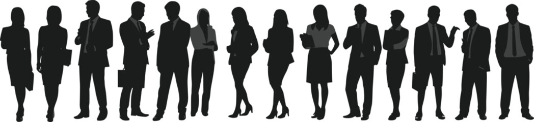 Silhouettes of business professionals standing in various poses — male and female figures in corporate attire and formal wear