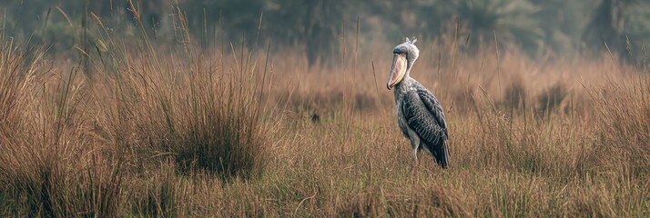 Majestic Shoebill Stork Stands Tall in Grassland Under Moody Lighting During Early Morning Hours
