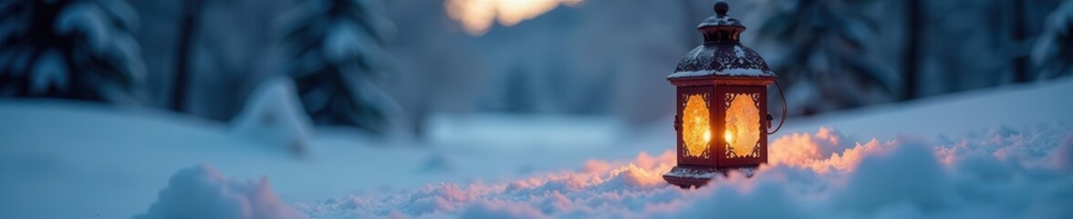 Ornate lantern glows warmly on pristine snowdrift ,  cold,  cozy