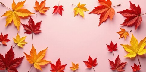 Obraz premium Rustic maple leaves artfully arranged against a delicate pink surface Thanksgiving aesthetic , background image, design, november