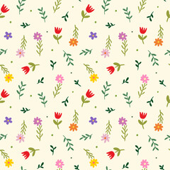 Seamless Pattern with Flower and Leaf Design on Light Yellow Background. Hand Drawn Vector Illustration. 