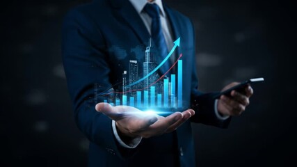 a dark looking digital composite showing a person in a suit holding out their hand, which acts as a base for a glowing holographic display. - Powered by Adobe