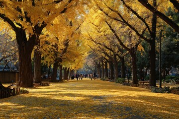 Fototapeta premium Strolling through the park and observing ginkgo leaves change hue