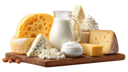 Assortment of most common dairy products on white backdrop