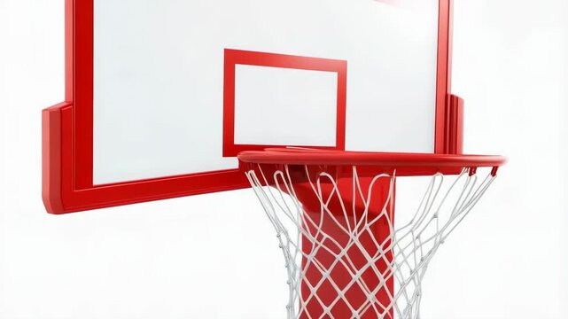 Red basketball hoop with white backboard and net isolated against a white background, showing the rim and board details.