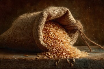 Burlap sack spilling rice on a wooden surface