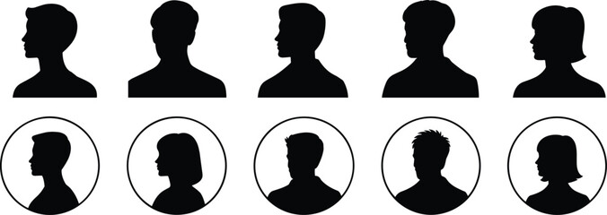 Vector silhouettes of male and female head profiles and avatars in circular frames — side view people illustrations