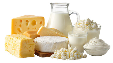 Assortment of most common dairy products on white backdrop
