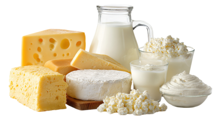 Assortment of most common dairy products on white backdrop