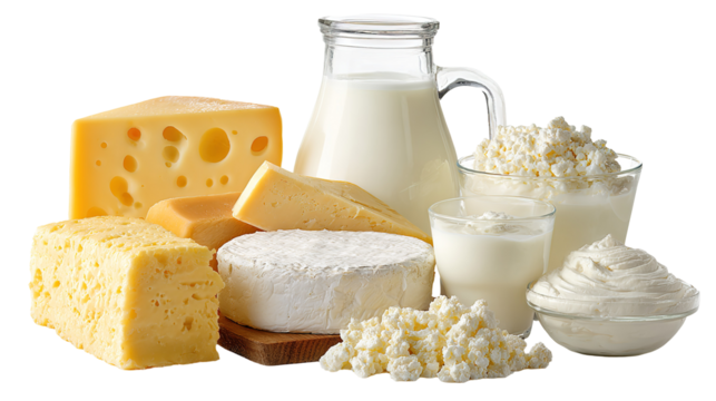 Assortment of most common dairy products on white backdrop