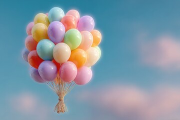 A bunch of pastel balloons floating in a blue sky above