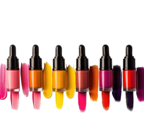 PNG. A row of nail polish bottles in various colors on a white background, each bottle is filled with a different color of paint and has a black cap.