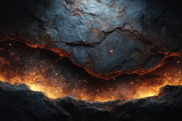 A fiery chasm between dark rocks with glowing embers inside