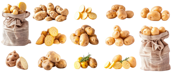 PNG. A series of images showing various types and sizes of potatoes, including sliced potatoes in bags or tins, with a white background.