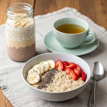 healthy dish oatmeal with fruits and chia seeds and overnight chia sheed puding with a cup of green tea