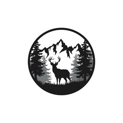 Wild Deer Silhouette with Mountain and Forest &ndash; Vintage Wildlife Nature Scene Logo

