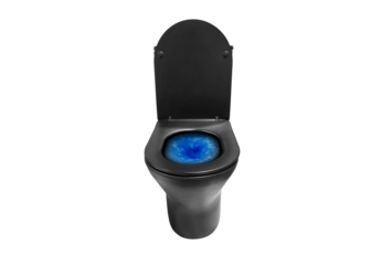 Front view of toilet bowl with blue detergent being poured into the bowl PNG transparent.