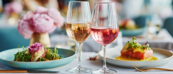 Elegant Starttheconversation Day Dining Scene with Empty Wine Glasses and Gourmet Meal, Premium Summer Hospitality for Millennial Social Connection Marketing