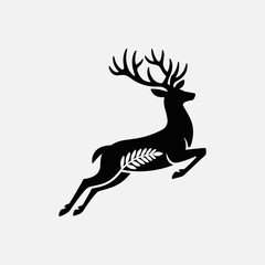 Obraz premium Leaping Deer Silhouette with Decorative Leaf – Wildlife Vector Logo Design