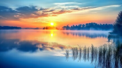 Fototapeta premium A serene lake with gentle fog rising off the water at sunrise