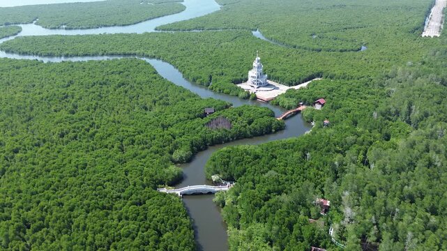 Aerial View of Southeast Asia&rsquo;s Largest Mangrove Forest and Landmark Tower in Langsa, Aceh, Indonesia