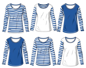PNG. A set of blue and white striped long sleeve t-shirts in the style of marine for women, with a shirt template on a white background.