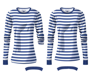 PNG. A set of blue and white striped long sleeve t-shirts in the style of marine for women, with a shirt template on a white background.