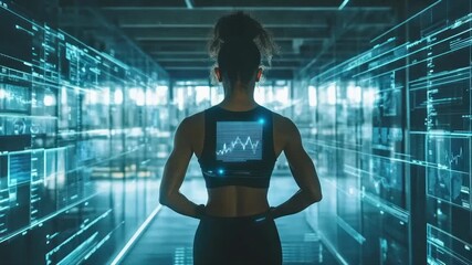 Woman in sportswear stands before holographic data displays - Powered by Adobe