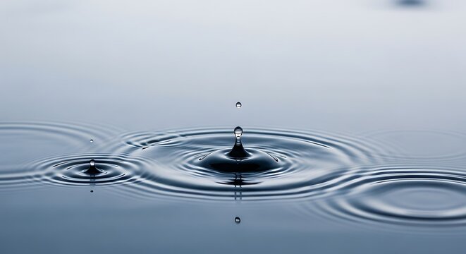 Close-up of a water droplet impacting a calm surface, creating ripples and a splash with reflections. - Powered by Adobe