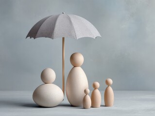 High-Quality Modern Life Insurance Concept with Wooden Family Figures Under Umbrella for Premium Family Protection Marketing Content