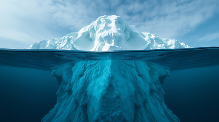 Majestic iceberg floats serenely, partially submerged in clear blue ocean waters beneath a partly cloudy sky.