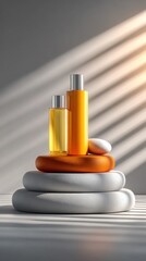 Two bottles on stacked rings with sunlight in the background