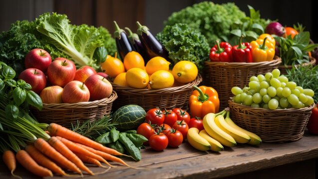 Abundant display of fresh fruits and vegetables in rustic baskets - Powered by Adobe