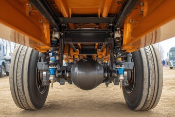 Close up view of a semi truck or trailer s rear axle showing suspension and brake system Mud truck chassis with wheels and suspension arms featuring silent blocks