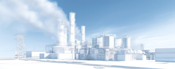 Obraz premium A stylized rendering of a factory with smokestacks and power lines against a blue sky with clouds