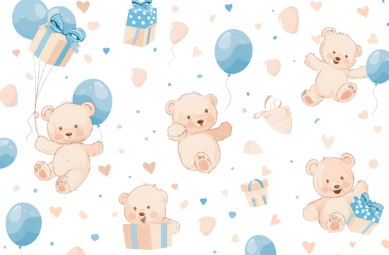 PNG. A set of cute teddy bear illustrations holding blue balloons and wrapped gifts, with light pink or sky blue patterns on the body and a white background