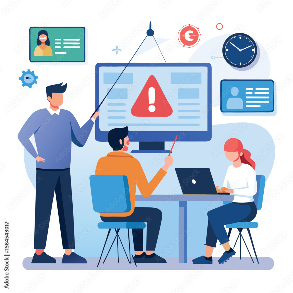 Poster illustration of a team reviewing an alert on a computer screen using ai generated art