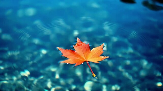 Orange maple leaf floating on clear blue water surface  