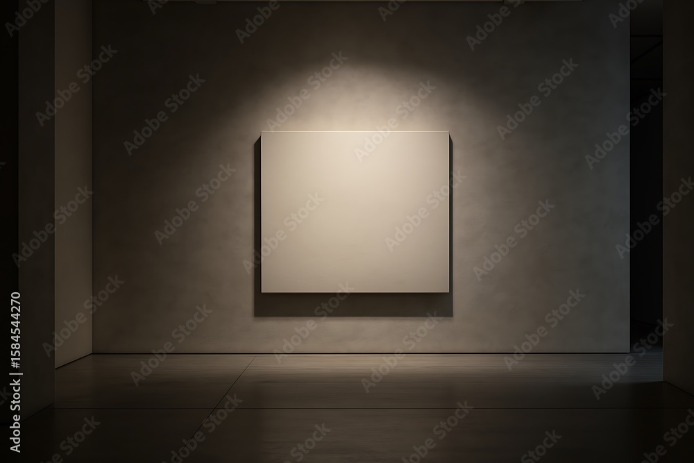 Poster neutral square canvas hangs in a gallery under warm lighting, casting a gentle glow in space.