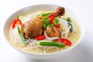 Thai cuisine coconut milk rice noodles and chicken leg on a white backdrop