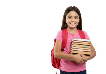 A smiling girl in a pink shirt with books and a backpack isolated on white isolated on transparent background