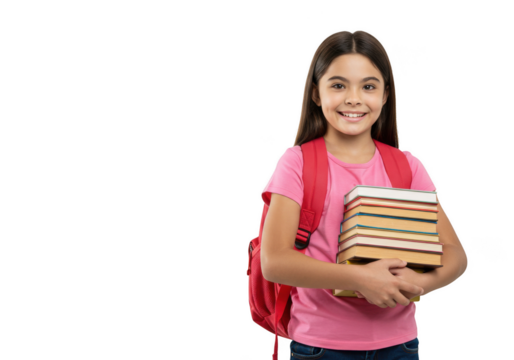 A smiling girl in a pink shirt with books and a backpack isolated on white isolated on transparent background - Powered by Adobe