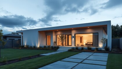 Experience the Sophistication of Contemporary Home Architecture Featuring Angled Rooflines, Warm Lighting, and Beautiful Exterior Finishes
