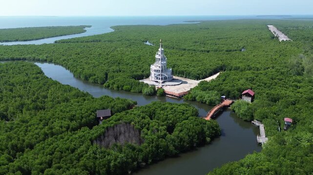 Aerial View of Southeast Asia&rsquo;s Largest Mangrove Forest and Landmark Tower in Langsa, Aceh, Indonesia