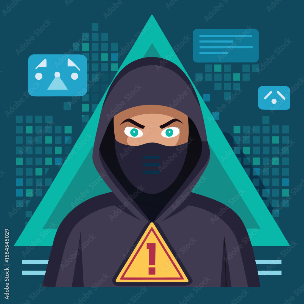 Aufkleber hacker in hood with warning sign illustrating cybersecurity and data protection
