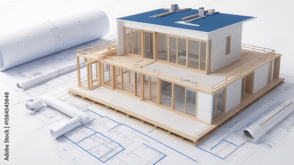 Poster architectural model on blueprints showcases design intent, merging creativity with technical specifi