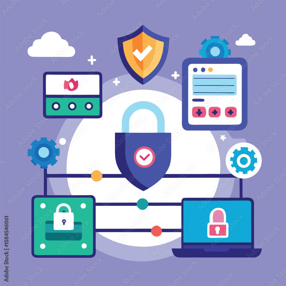 Poster digital security concept illustrating data protection with lock shield and devices