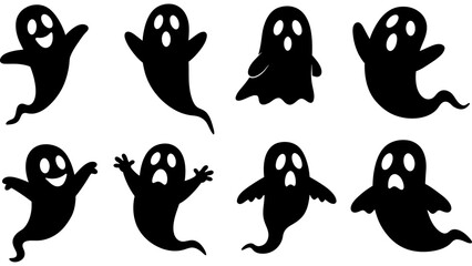 Halloween ghost black silhouette set.halloween cartoon ghost black symbol.